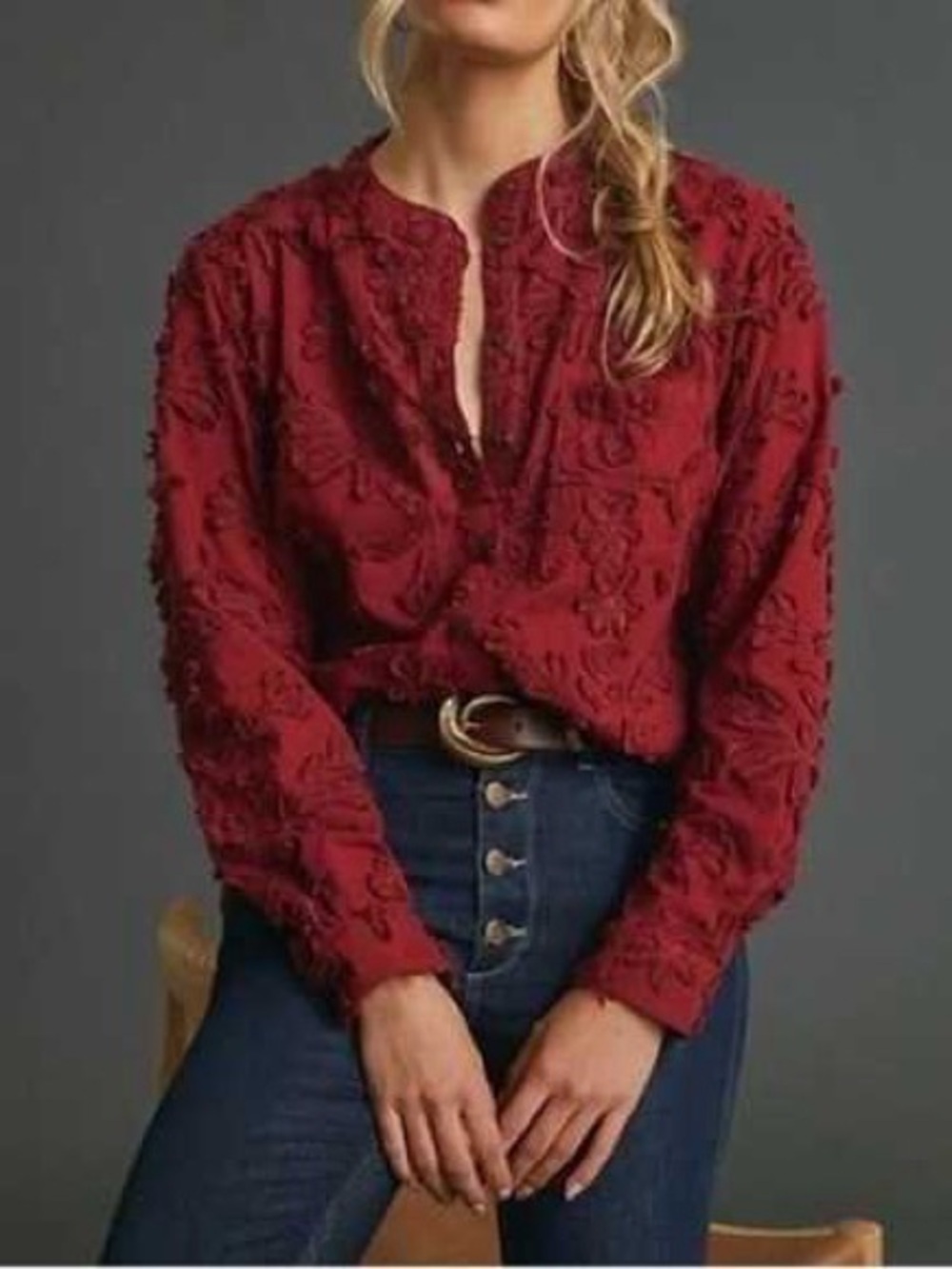 Pilcro Anthropologie Burgundy Textured Embroidered Cotton Boho Peasant Blouse XS